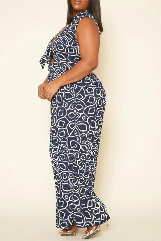 Plus Size Abstract Print Wide Flare Jumpsuit