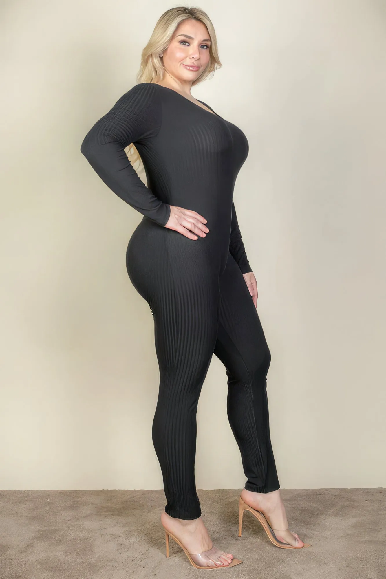 Plus Size Ribbed Scoop Neck Long Sleeve Jumpsuit (3 Colors)