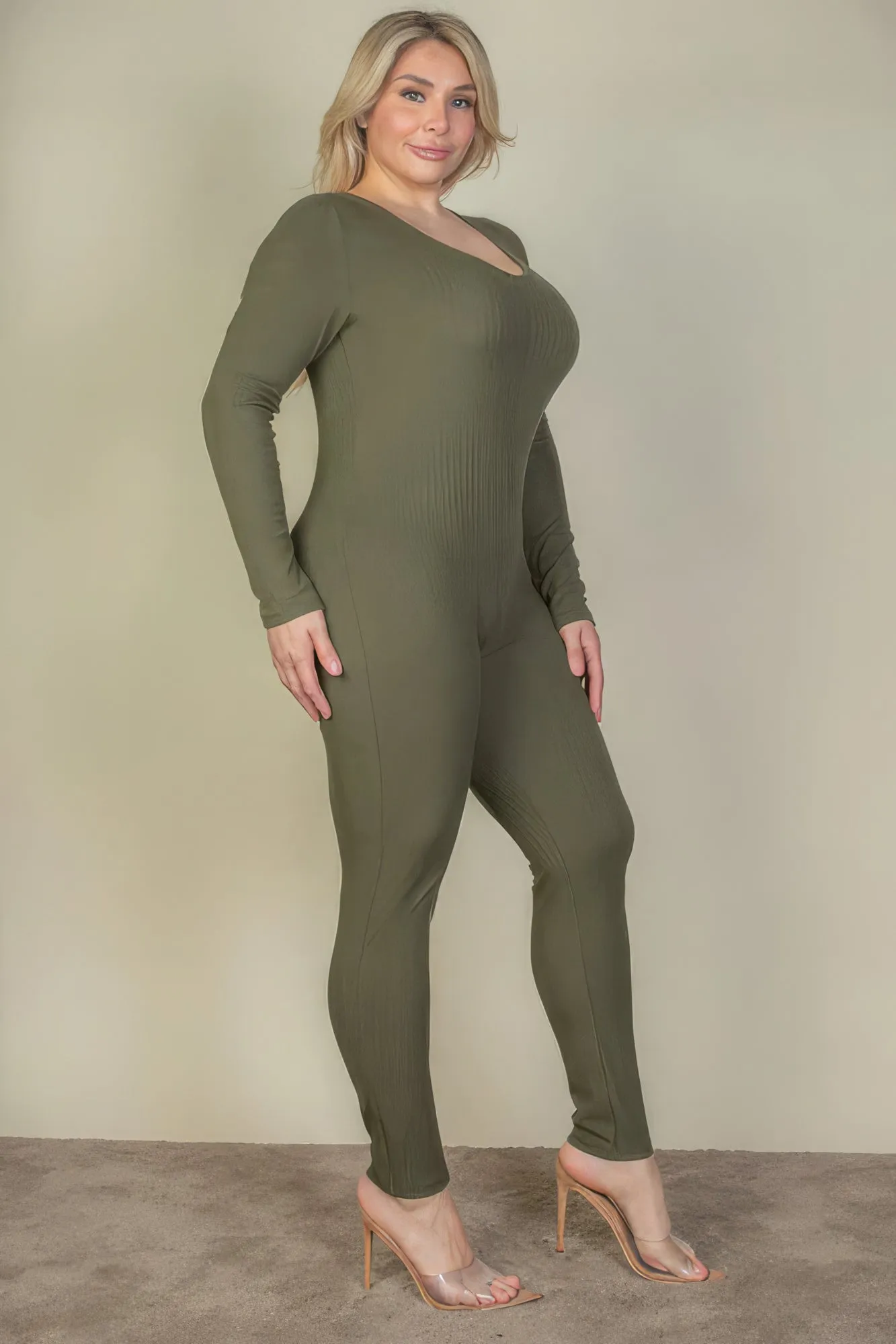 Plus Size Ribbed Scoop Neck Long Sleeve Jumpsuit (3 Colors)