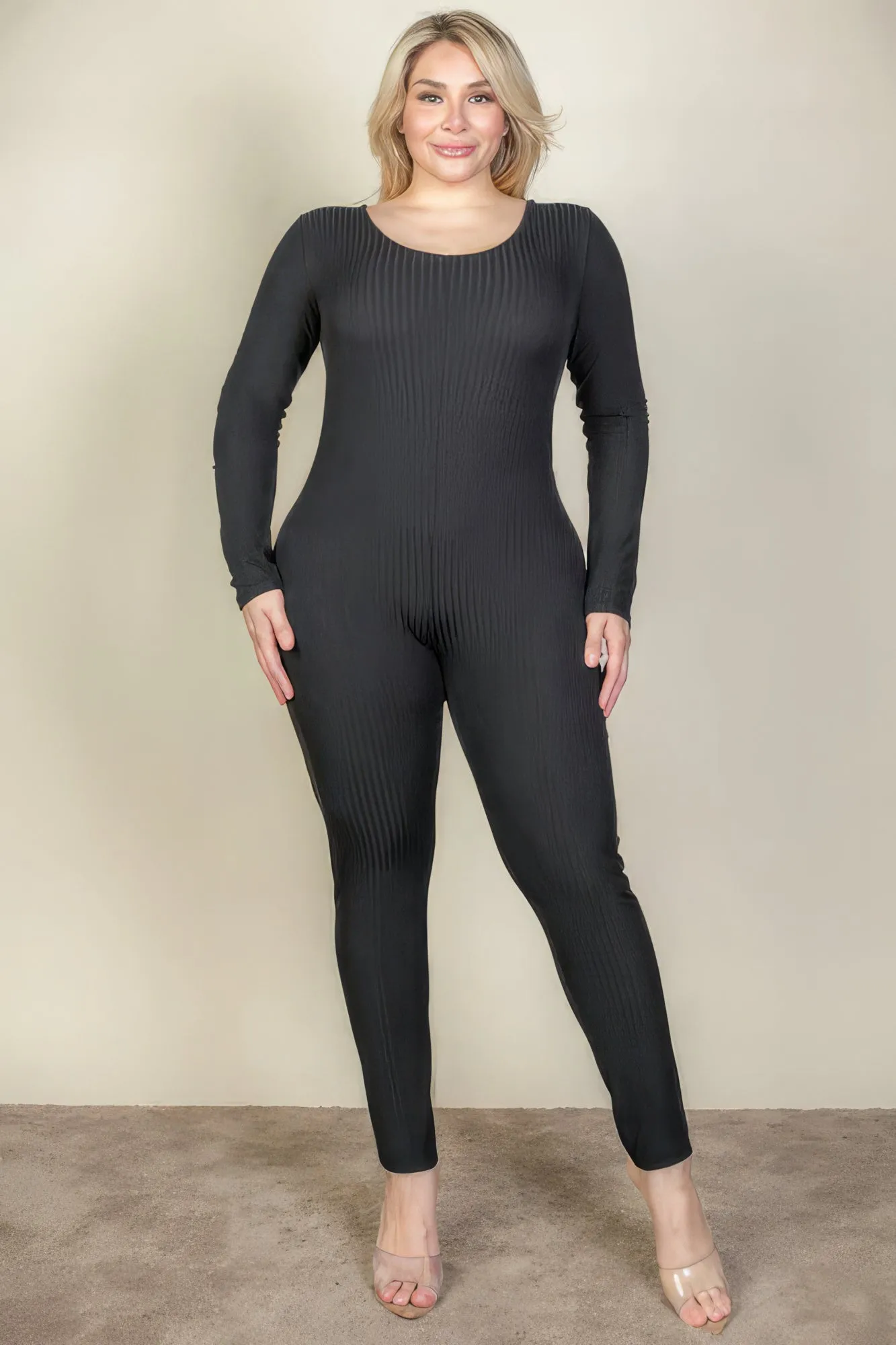 Plus Size Ribbed Scoop Neck Long Sleeve Jumpsuit (3 Colors)