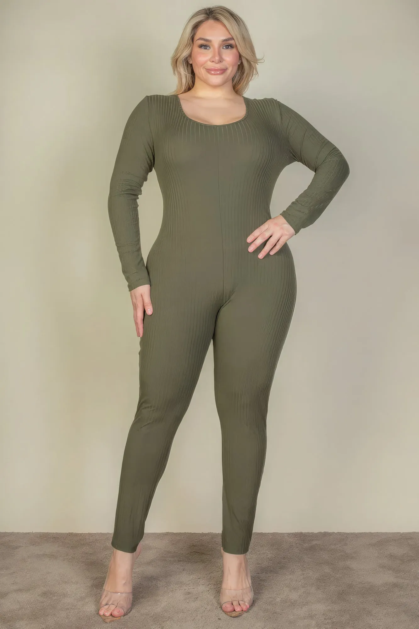 Plus Size Ribbed Scoop Neck Long Sleeve Jumpsuit (3 Colors)