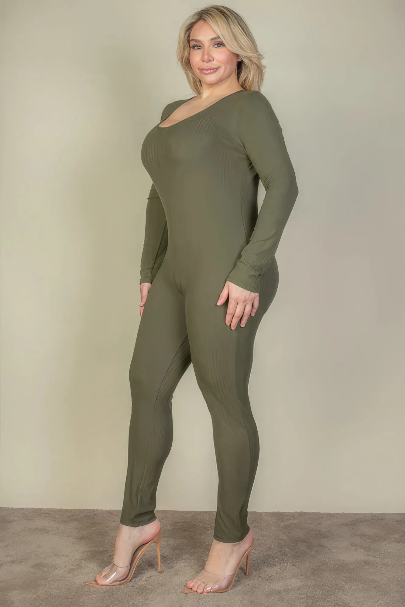 Plus Size Ribbed Scoop Neck Long Sleeve Jumpsuit (3 Colors)