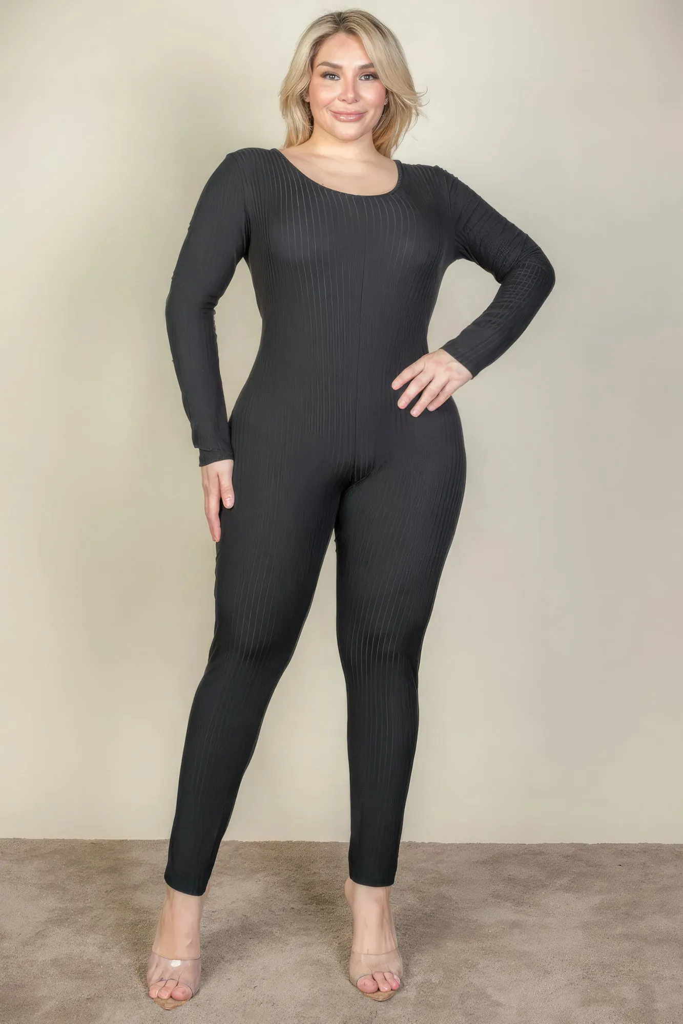 Plus Size Ribbed Scoop Neck Long Sleeve Jumpsuit (3 Colors)