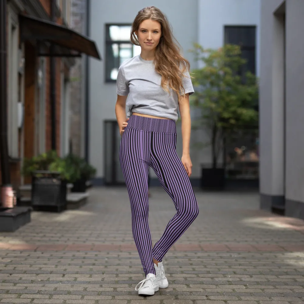 Purple Striped Yoga Leggings, Black Vertically Stripes Women's Long Tights-Made in USA/EU