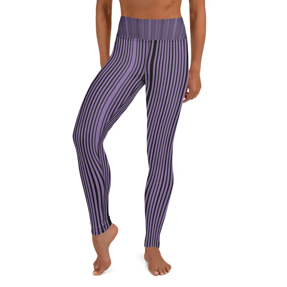 Purple Striped Yoga Leggings, Black Vertically Stripes Women's Long Tights-Made in USA/EU