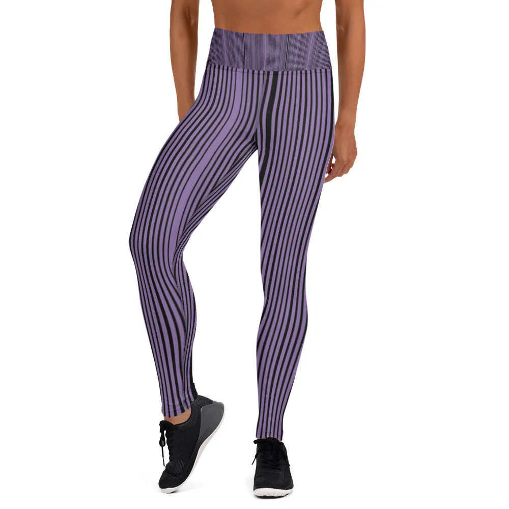 Purple Striped Yoga Leggings, Black Vertically Stripes Women's Long Tights-Made in USA/EU