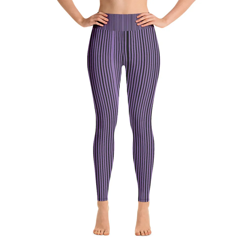 Purple Striped Yoga Leggings, Black Vertically Stripes Women's Long Tights-Made in USA/EU