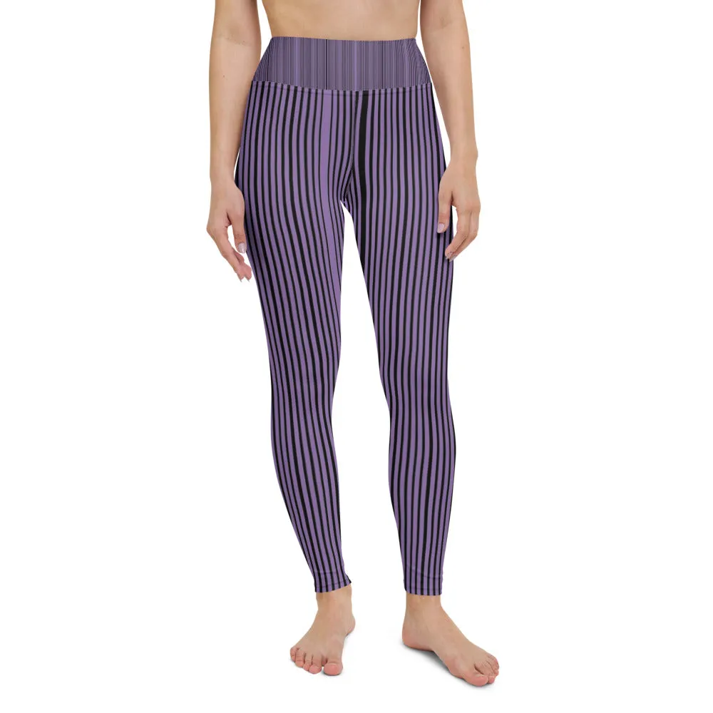 Purple Striped Yoga Leggings, Black Vertically Stripes Women's Long Tights-Made in USA/EU