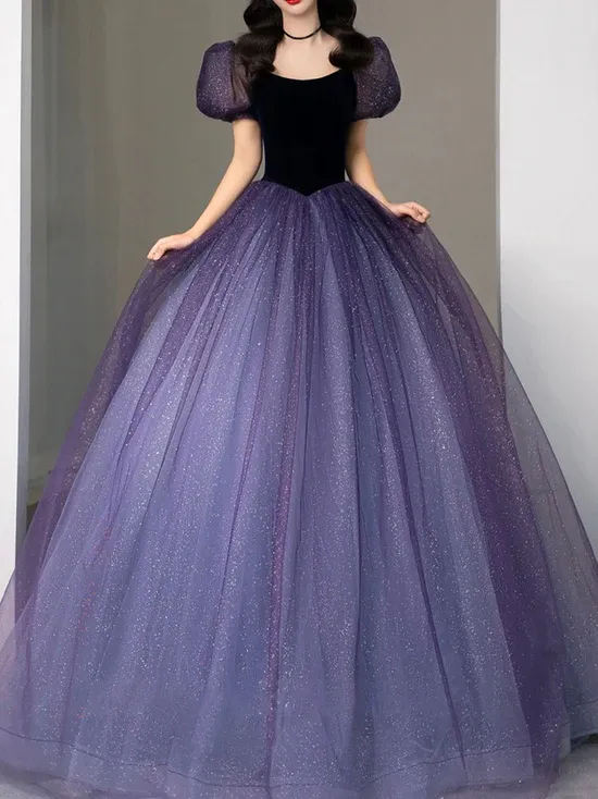 Purple tulle sequin long prom dress, purple evening dress     fg2381