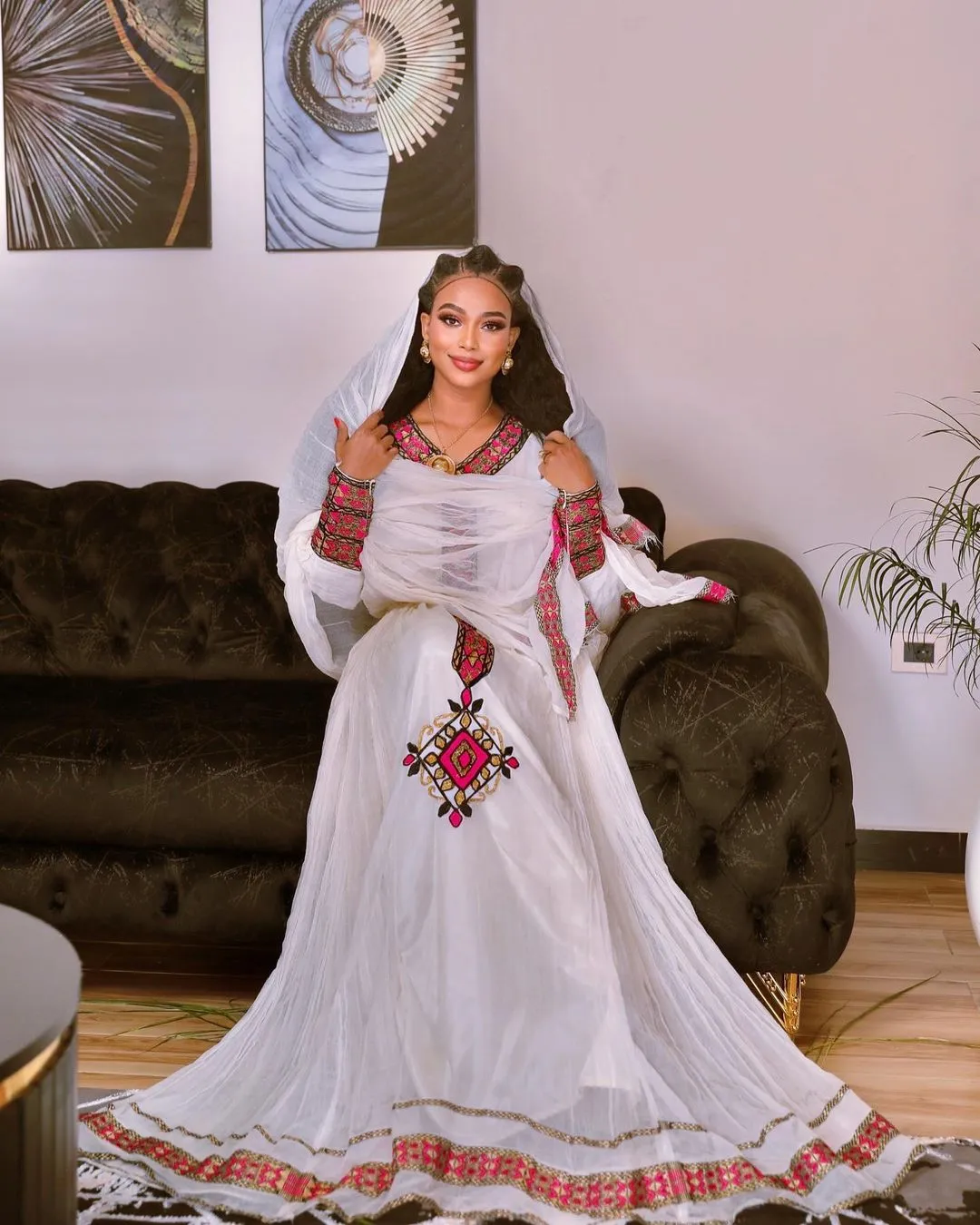 Radiant Charm: Beautiful Pink Design Habesha Dress in Menen Fabric and Cotton Splendor