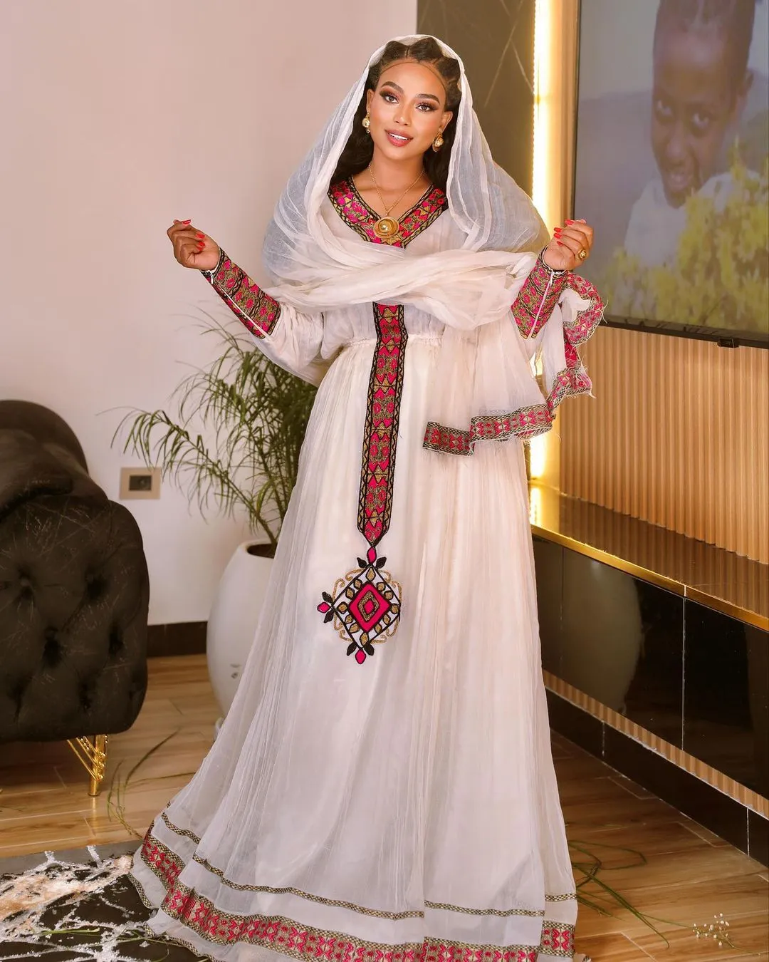 Radiant Charm: Beautiful Pink Design Habesha Dress in Menen Fabric and Cotton Splendor