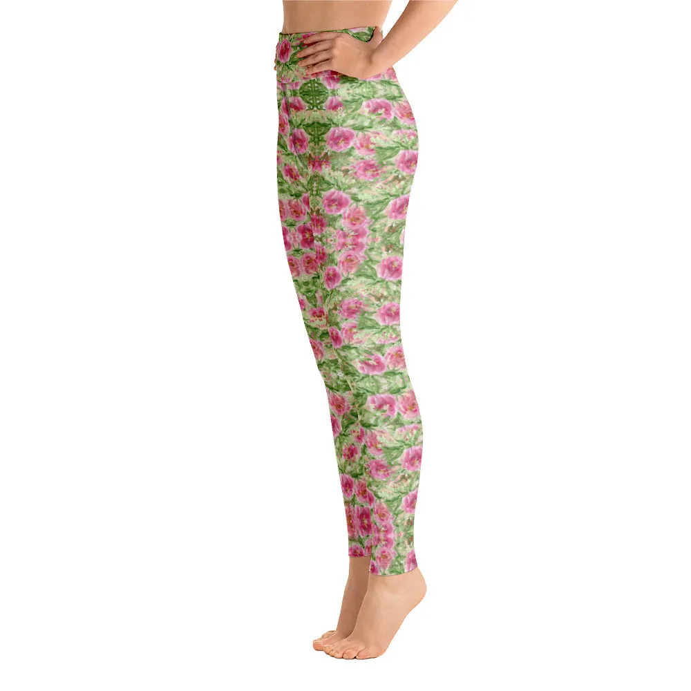 Red Floral Print Yoga Leggings, Flower Rose Printed Women's Long Gym Tights-Made in USA/EU/MX