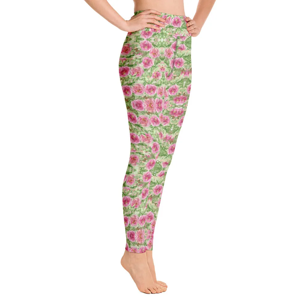 Red Floral Print Yoga Leggings, Flower Rose Printed Women's Long Gym Tights-Made in USA/EU/MX