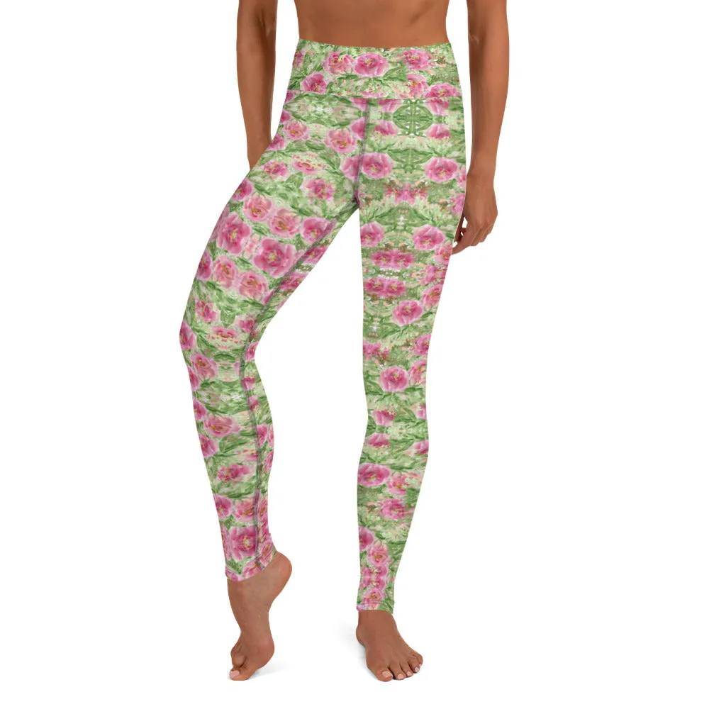 Red Floral Print Yoga Leggings, Flower Rose Printed Women's Long Gym Tights-Made in USA/EU/MX