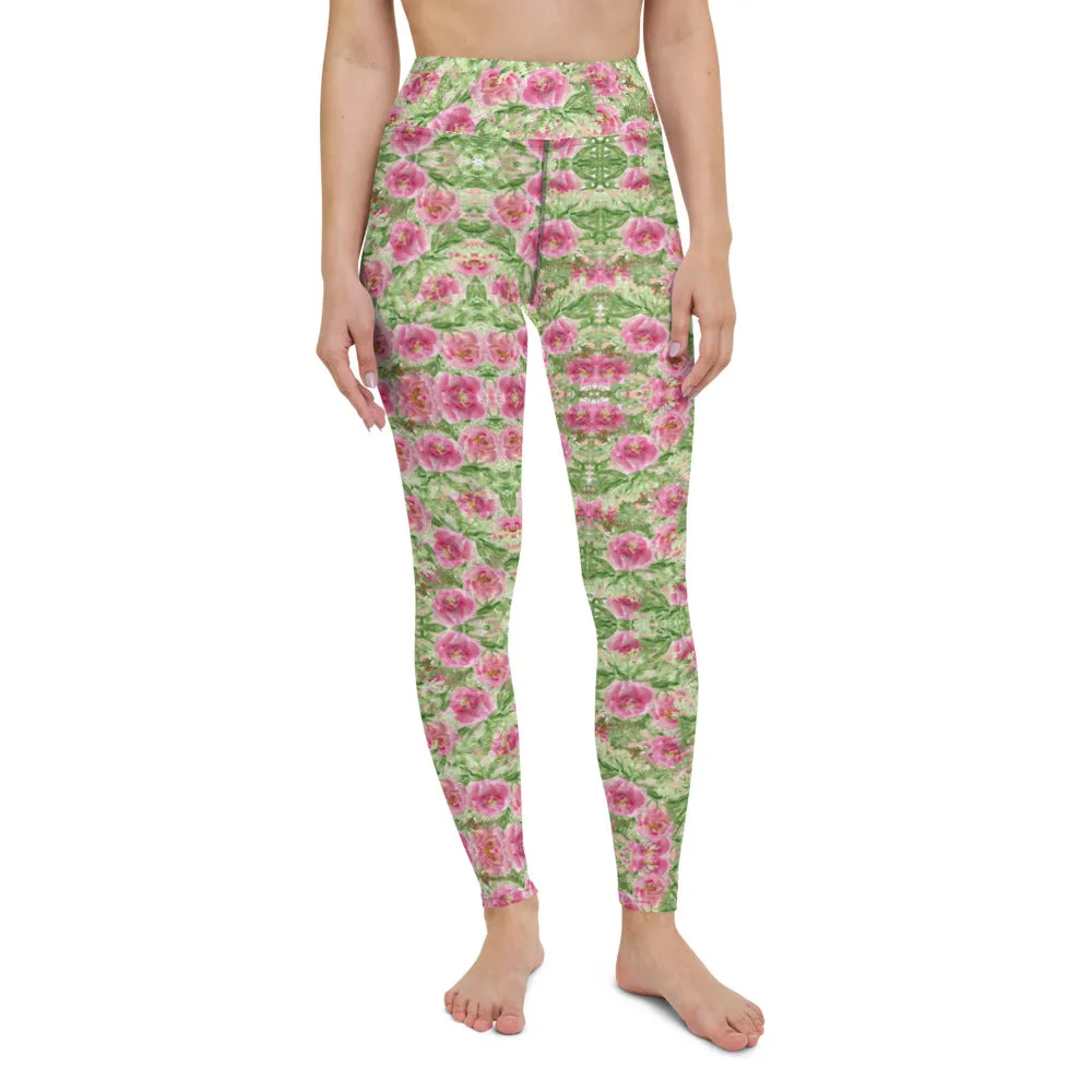 Red Floral Print Yoga Leggings, Flower Rose Printed Women's Long Gym Tights-Made in USA/EU/MX