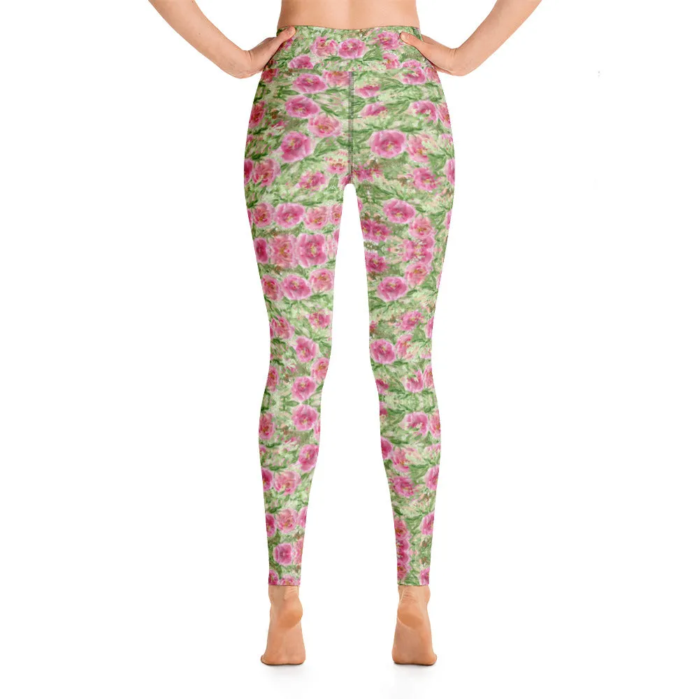 Red Floral Print Yoga Leggings, Flower Rose Printed Women's Long Gym Tights-Made in USA/EU/MX