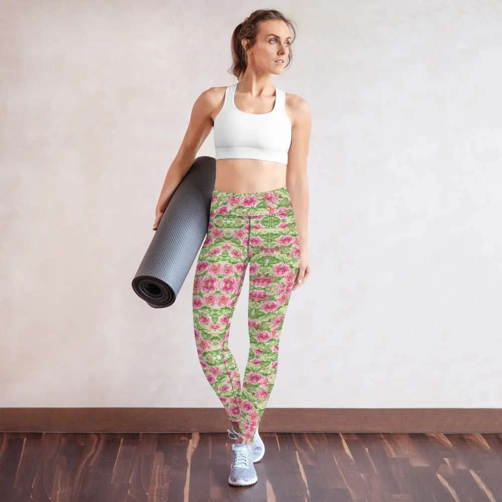 Red Floral Print Yoga Leggings, Flower Rose Printed Women's Long Gym Tights-Made in USA/EU/MX