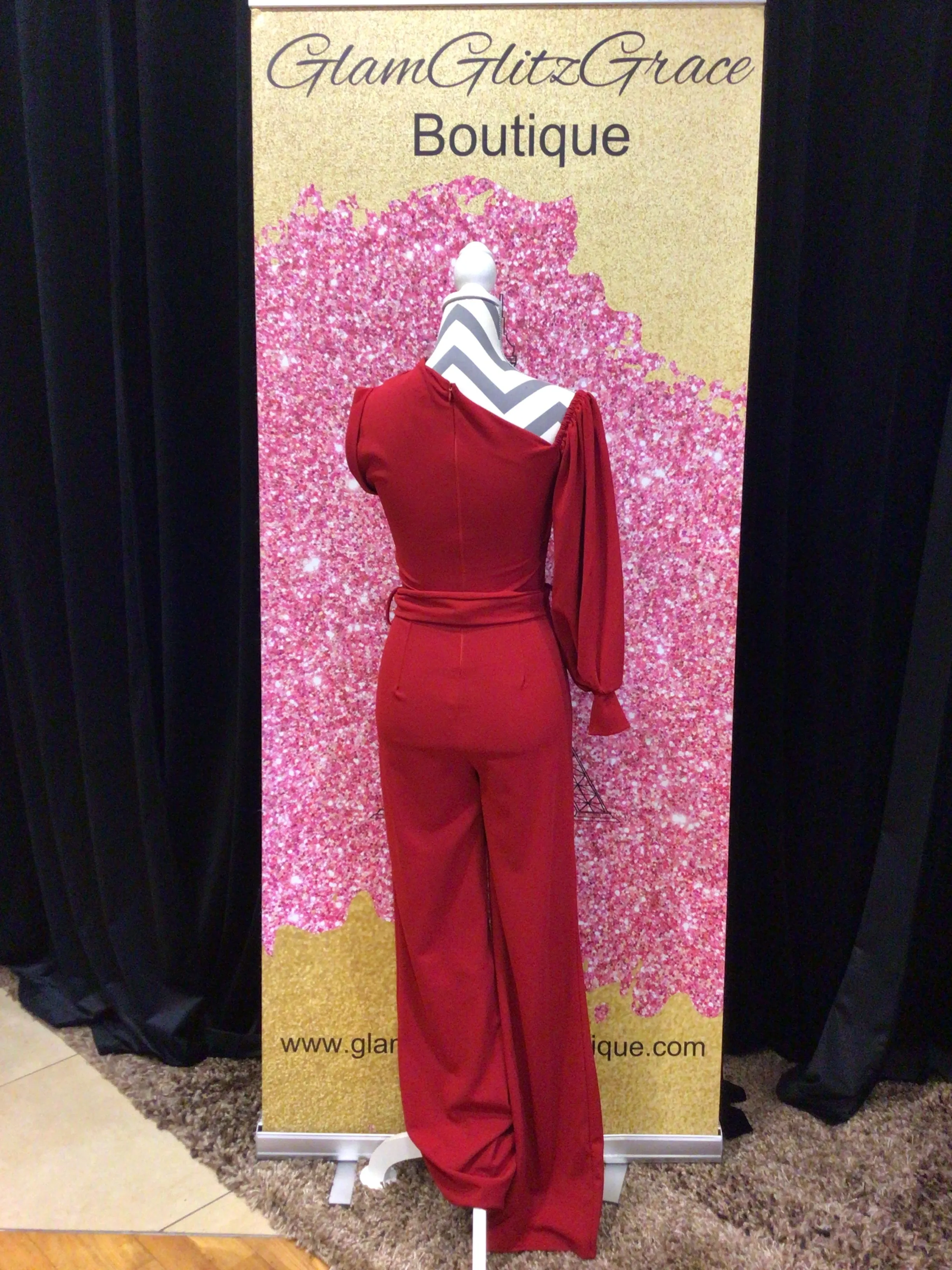 Red One Sleeve Jumpsuit With Belt