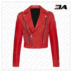 Red Perfecto Crystal Work Biker Jacket