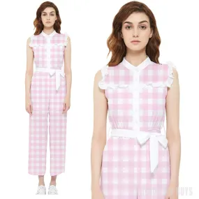 Retro Pink Gingham Jumpsuit, 50s inspired jumpsuit, Ruffle Jumpsuit, White Pink Pants Overall