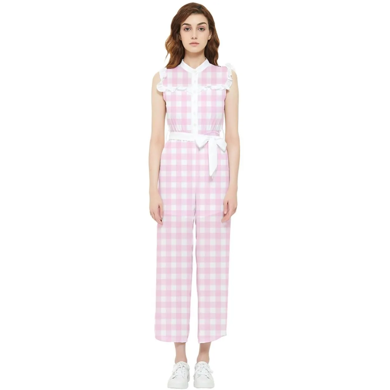 Retro Pink Gingham Jumpsuit, 50s inspired jumpsuit, Ruffle Jumpsuit, White Pink Pants Overall