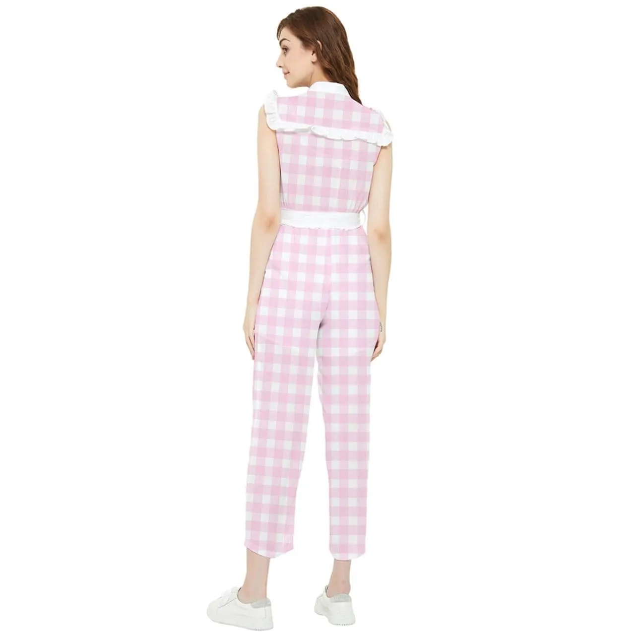 Retro Pink Gingham Jumpsuit, 50s inspired jumpsuit, Ruffle Jumpsuit, White Pink Pants Overall