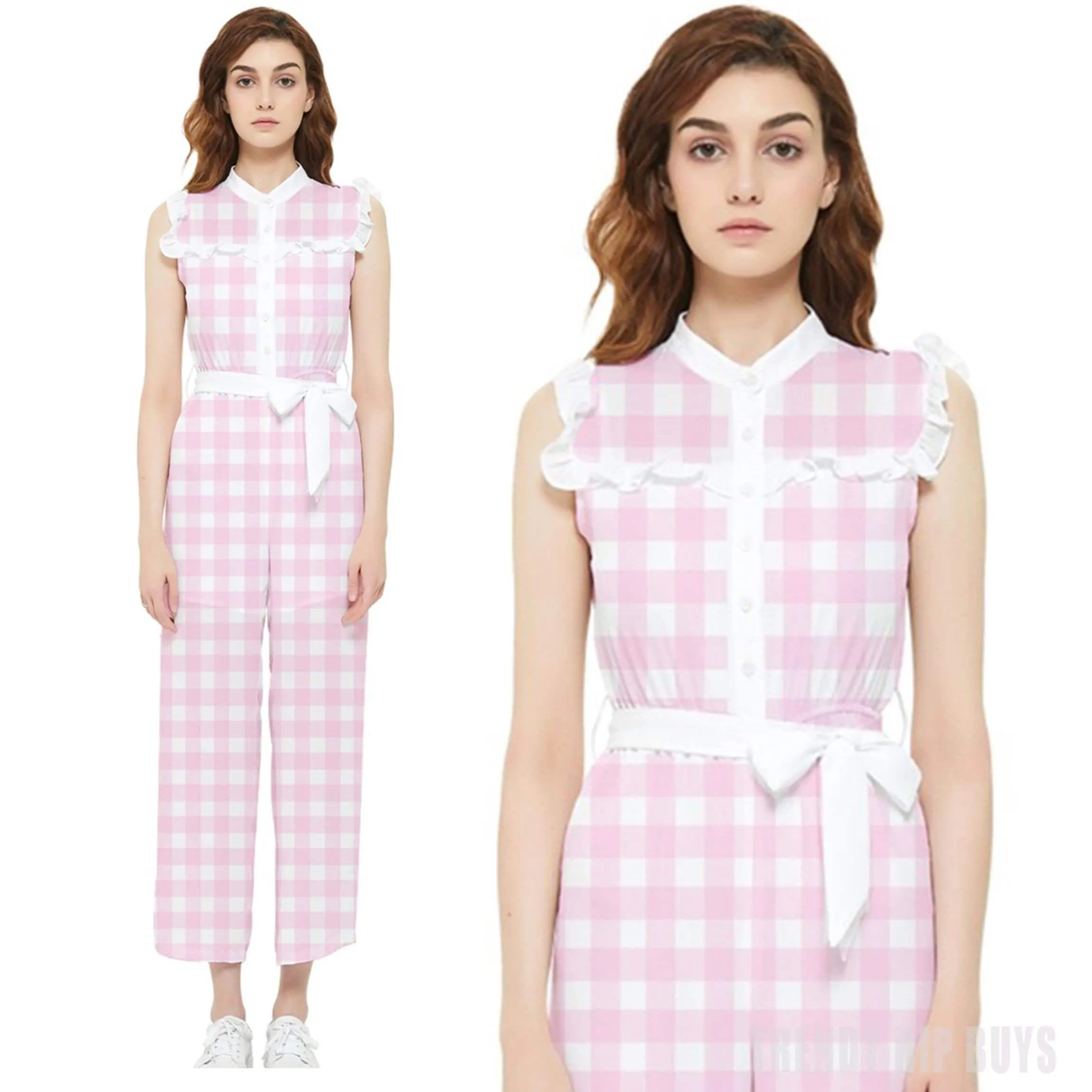 Retro Pink Gingham Jumpsuit, 50s inspired jumpsuit, Ruffle Jumpsuit, White Pink Pants Overall