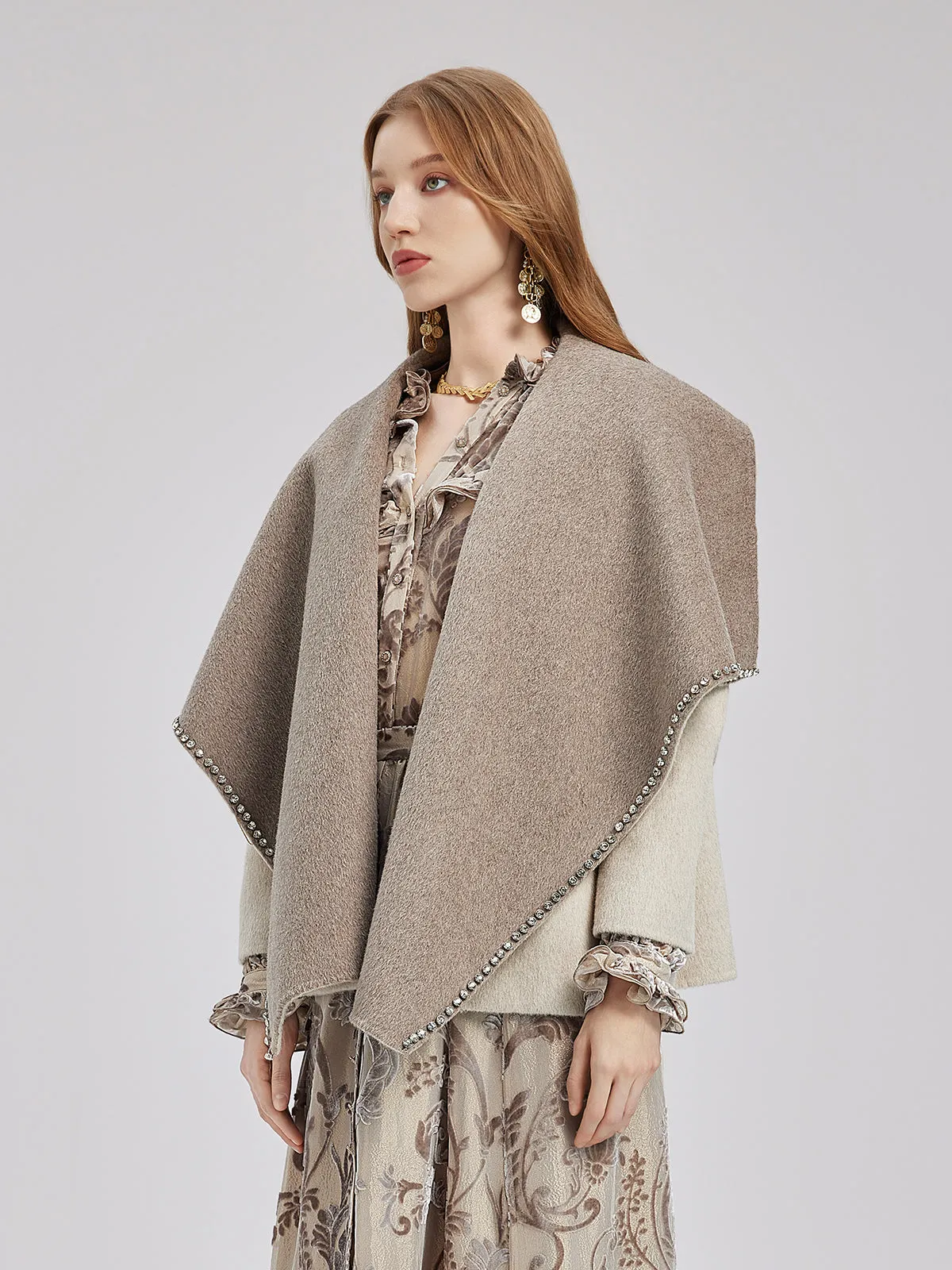 Rhinestone Embellished Couture Cashmere Cape Jacket