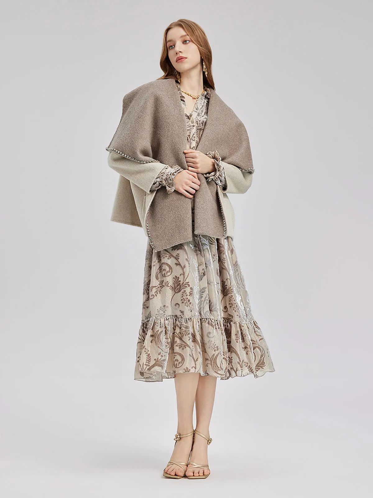 Rhinestone Embellished Couture Cashmere Cape Jacket