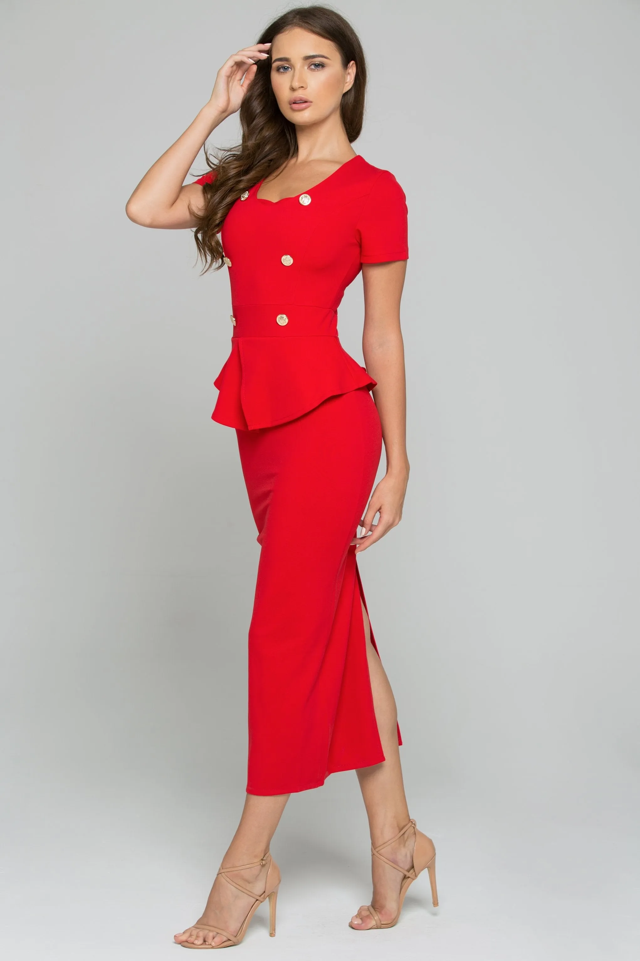 Rose Red Sheath Peplum Short Sleeve Maxi Dress