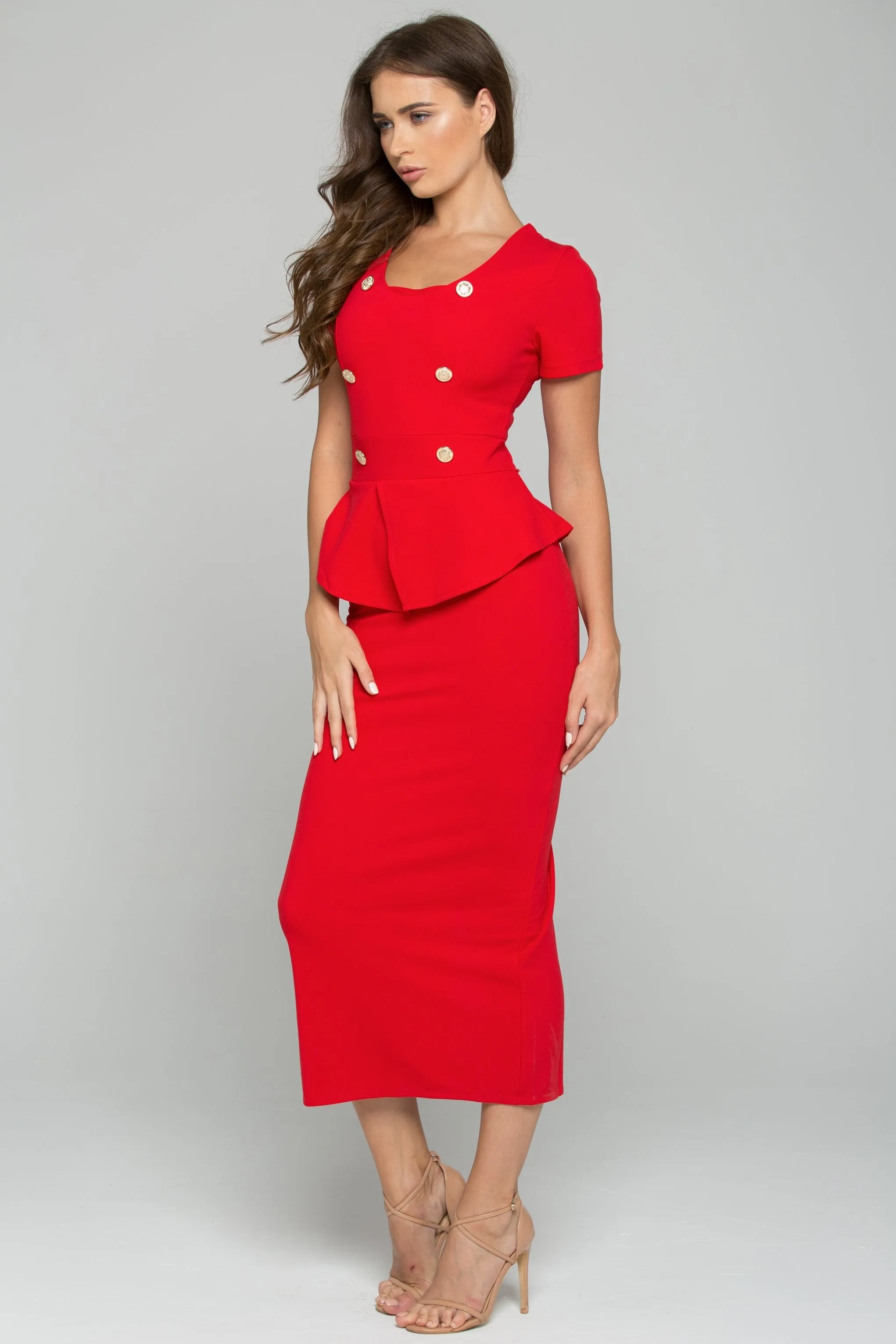 Rose Red Sheath Peplum Short Sleeve Maxi Dress