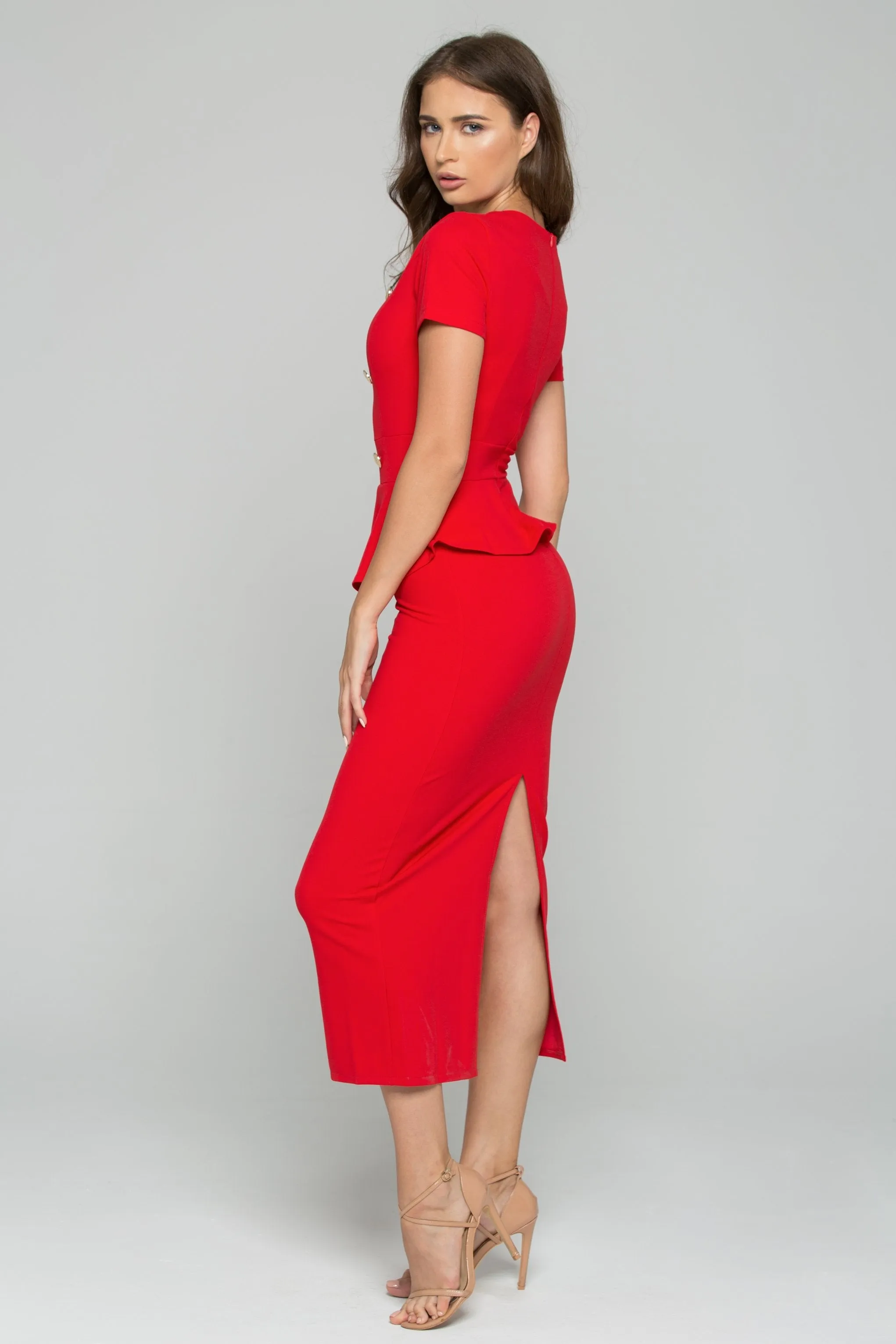 Rose Red Sheath Peplum Short Sleeve Maxi Dress