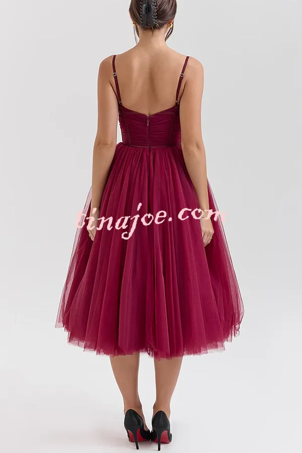 Royal Treatment Tulle Bows Detail Ruched Slip Midi Dress