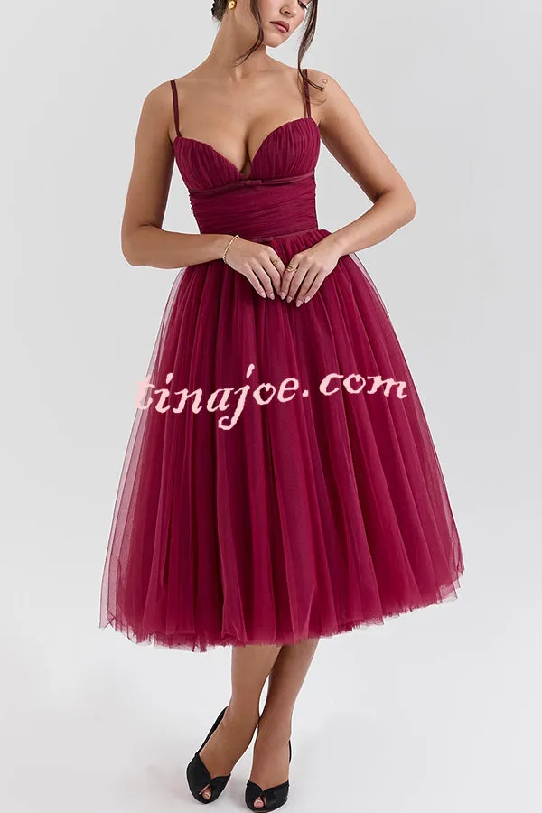 Royal Treatment Tulle Bows Detail Ruched Slip Midi Dress