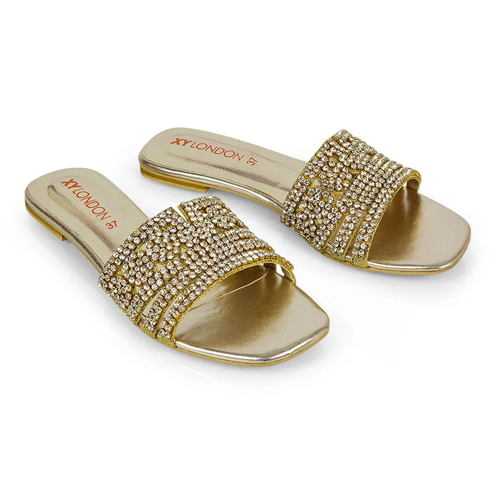 Sam Cut Out Square Toe Sparkly Front Strap Flat Diamante Sandals in Silver