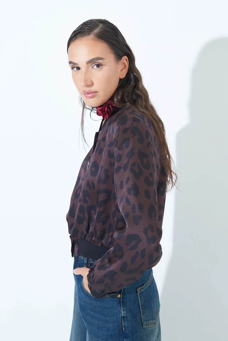 Satin leopard bomber jacket wholesale