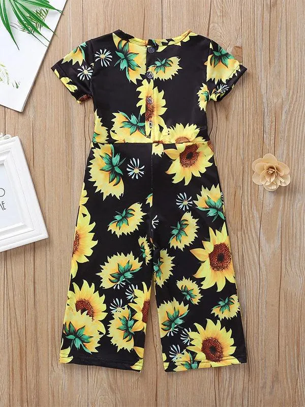 Short Sleeve Sunflower Tie Waist Overall For Baby Little Girl