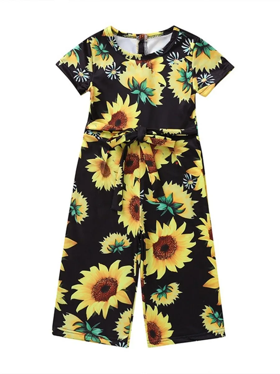 Short Sleeve Sunflower Tie Waist Overall For Baby Little Girl