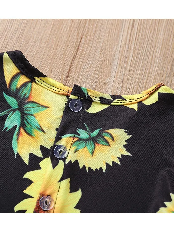 Short Sleeve Sunflower Tie Waist Overall For Baby Little Girl