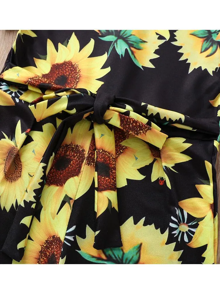 Short Sleeve Sunflower Tie Waist Overall For Baby Little Girl