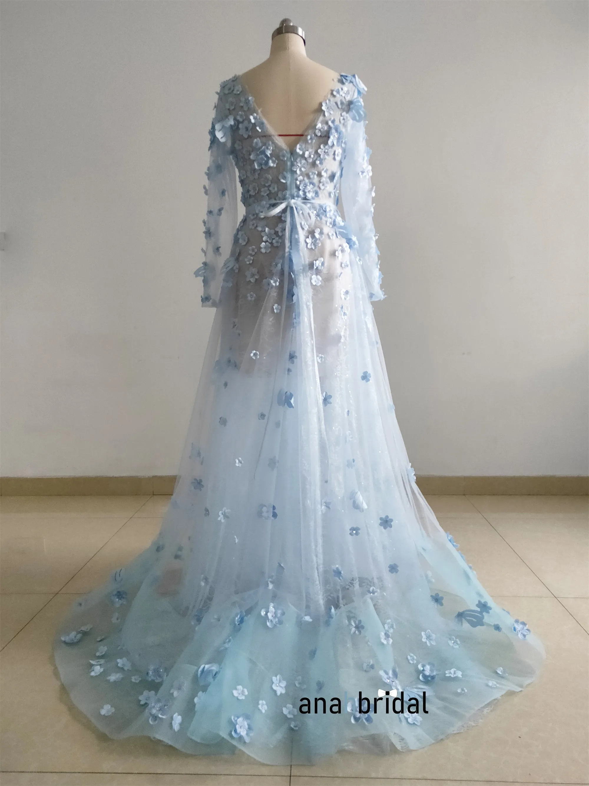 Sky Blue 3D Lace Bloom Prom Dress/Wedding Party Dress