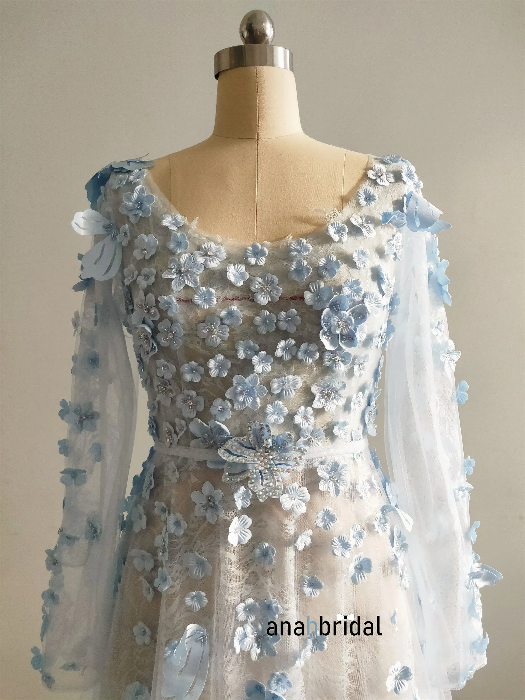 Sky Blue 3D Lace Bloom Prom Dress/Wedding Party Dress