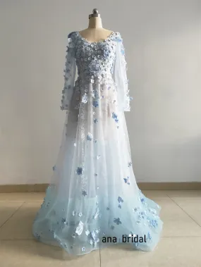 Sky Blue 3D Lace Bloom Prom Dress/Wedding Party Dress