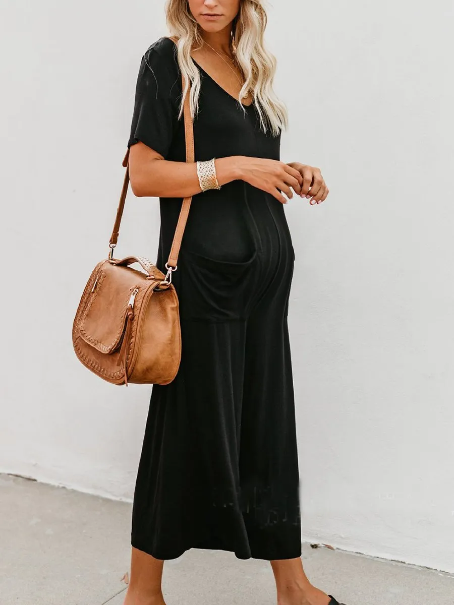 Solid Color Short Sleeve Loose Maternity Jumpsuit