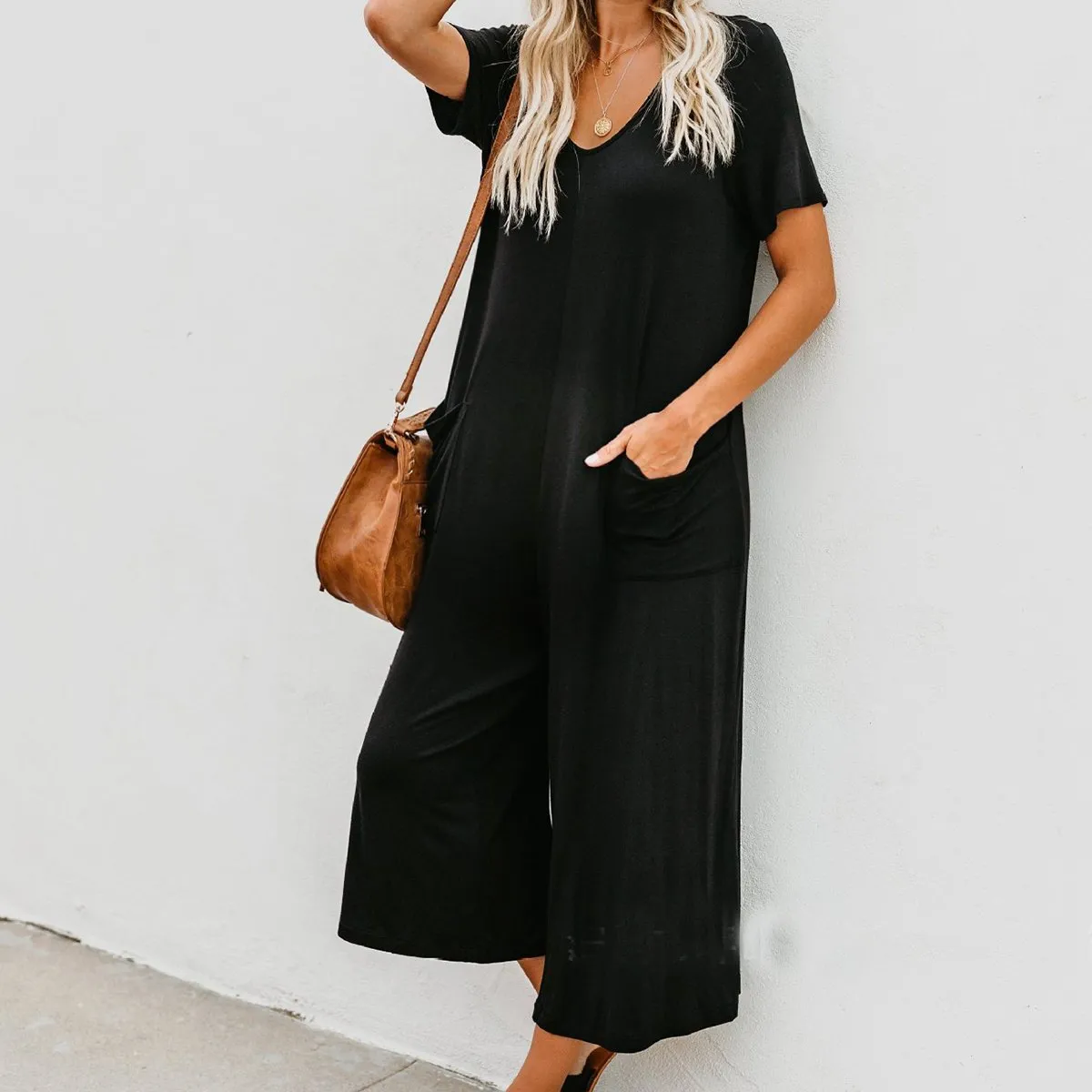 Solid Color Short Sleeve Loose Maternity Jumpsuit