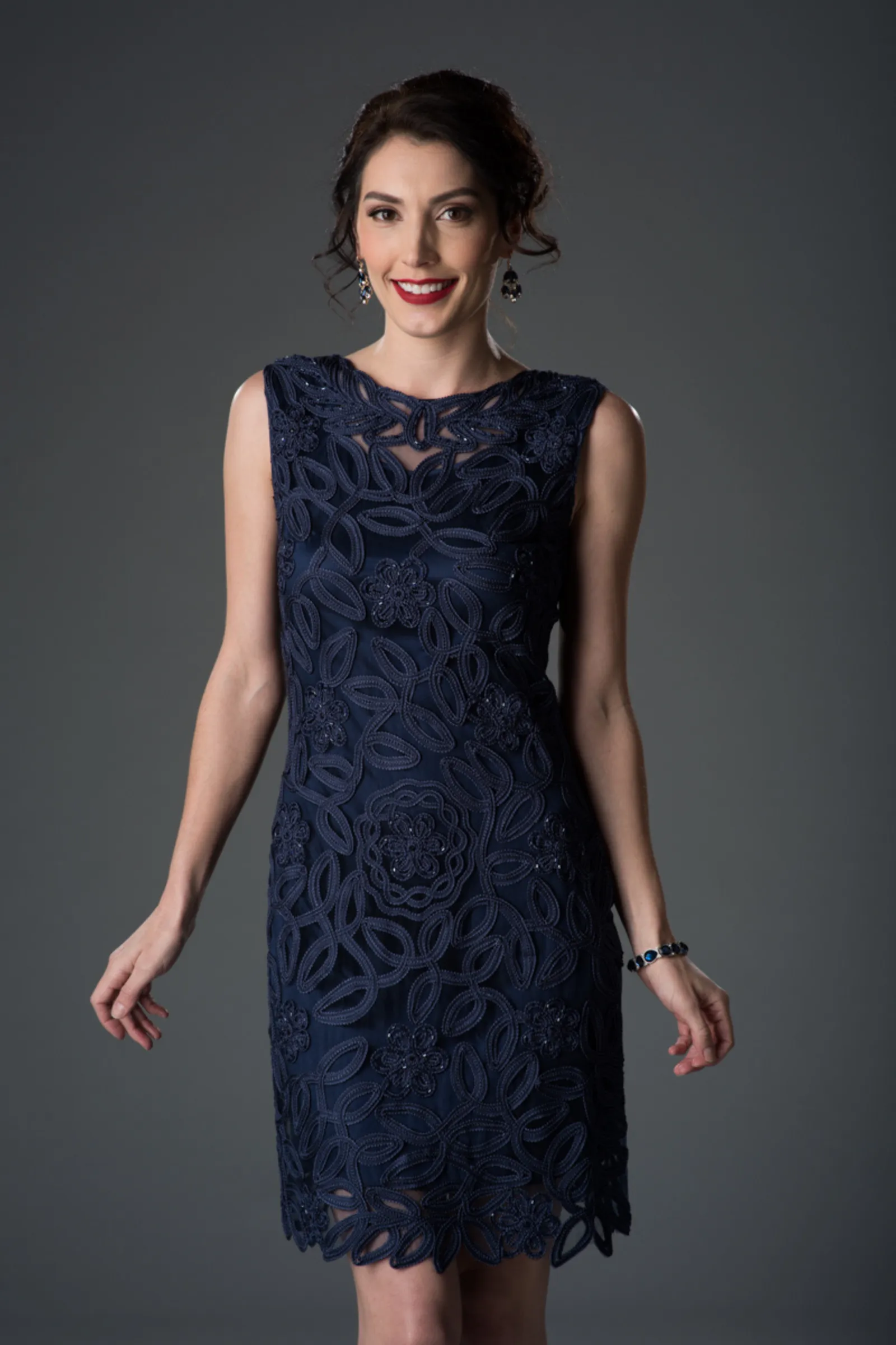 Soulmates 1612 Soutache Lace Sequin Boatneck Sheath Dress