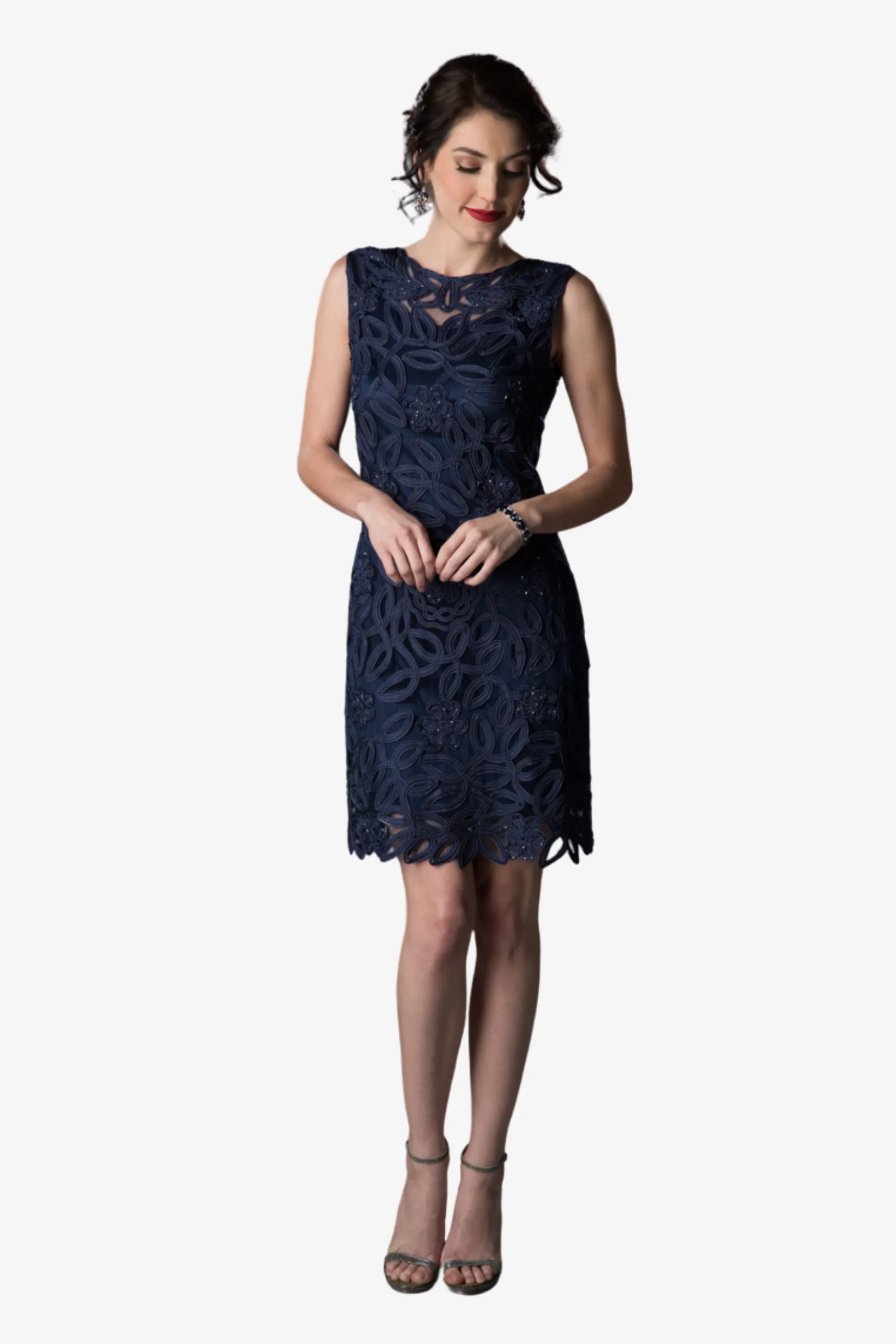 Soulmates 1612 Soutache Lace Sequin Boatneck Sheath Dress