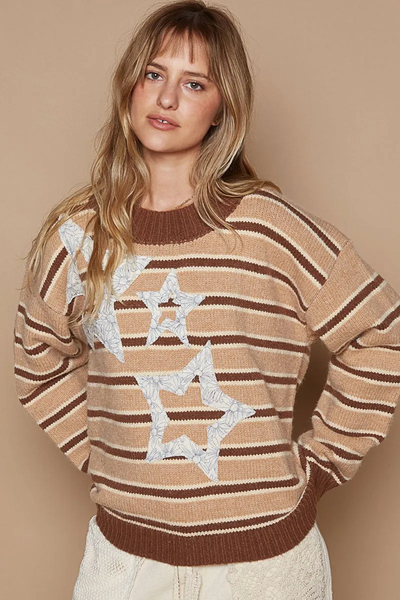 Star Patch Stripe Round Neck Sweater