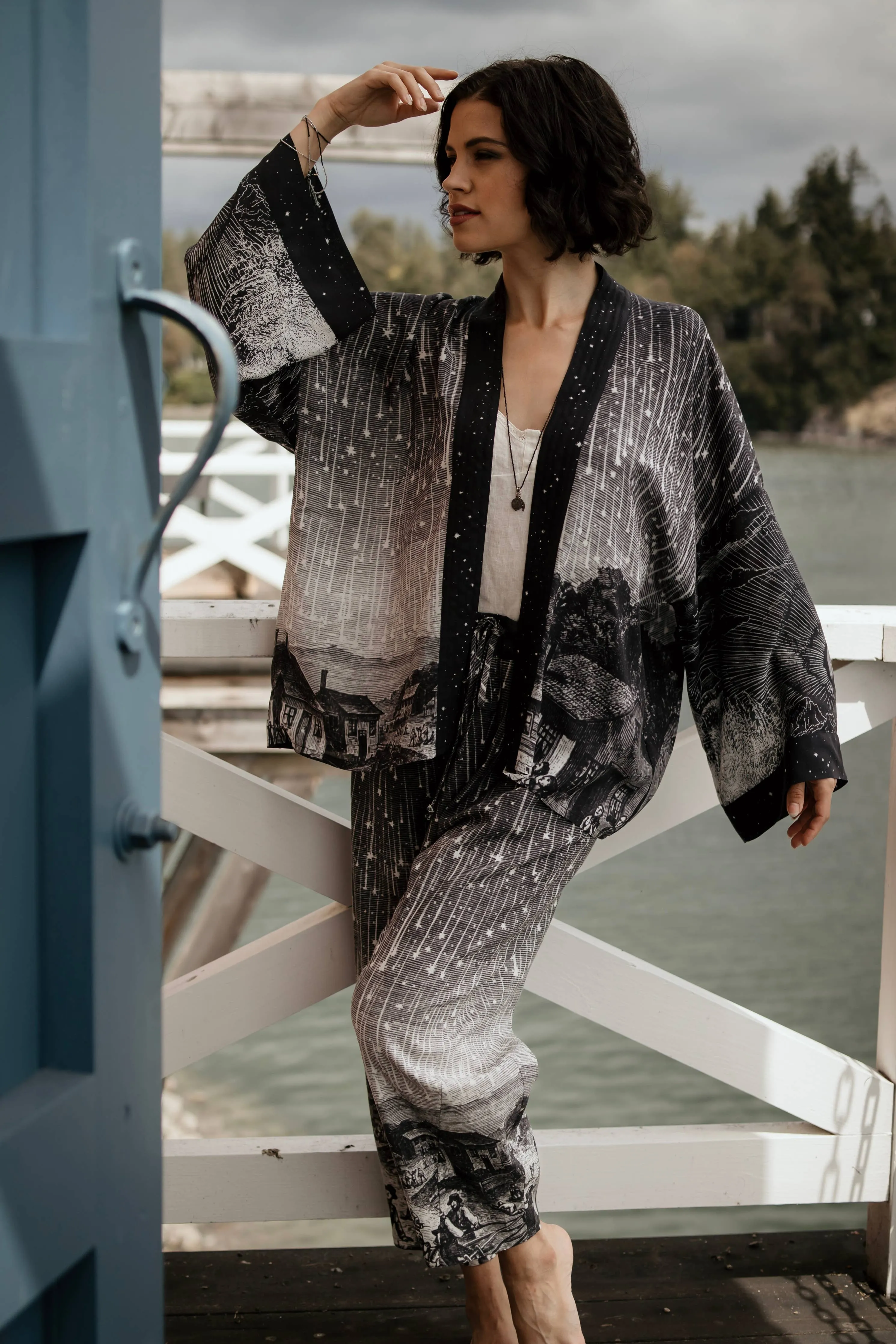 Stargazer Cropped Bamboo Kimono Cardigan with Falling Stars