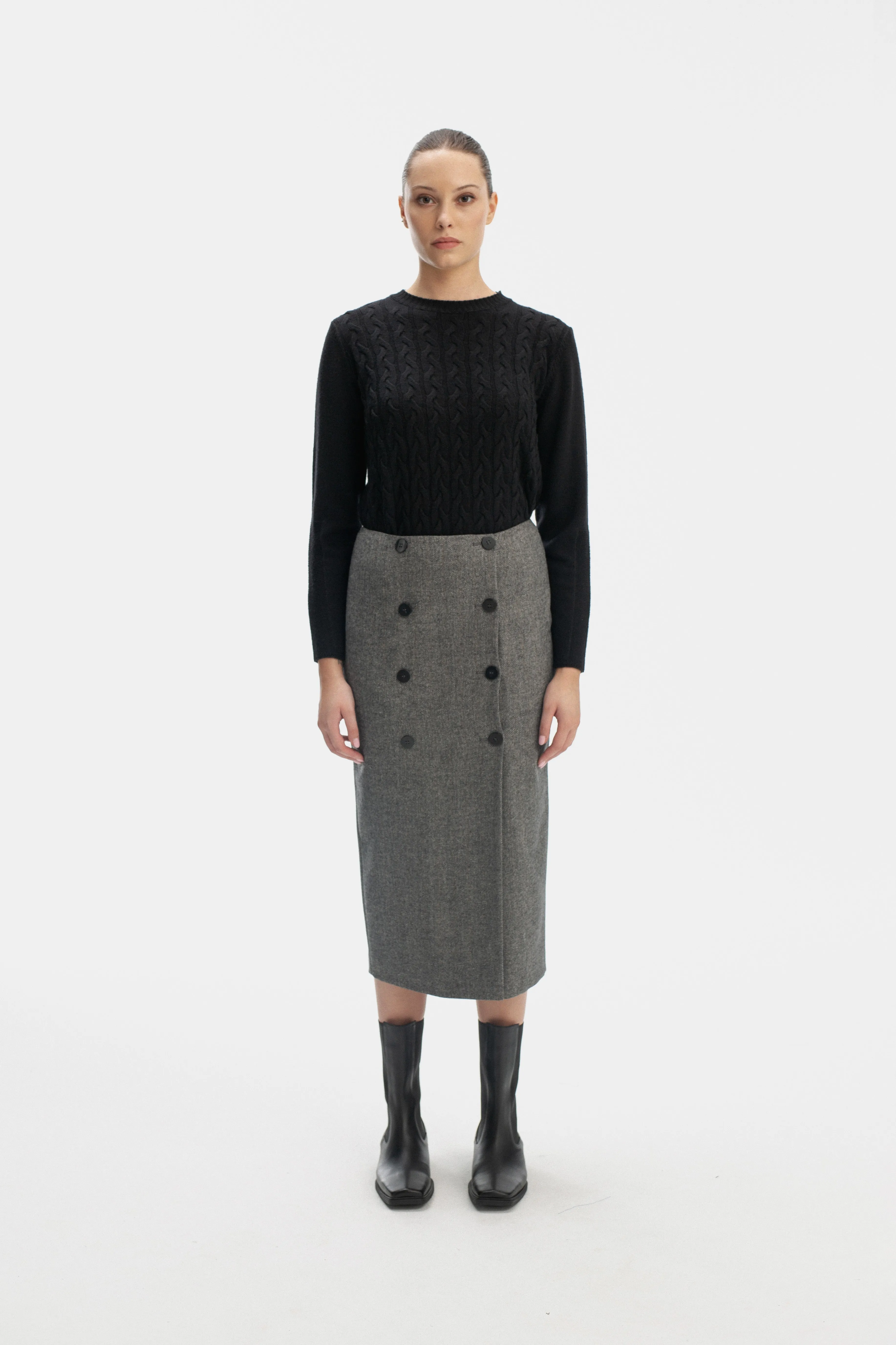 STRAIGHT SILHOUETTE GREY MIDI SKIRT